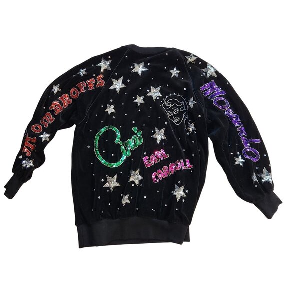 Vintage Bonnie Boerer 80s Black Sequin Velour Top Hollywood Club Graphic Medium - Picture 4 of 6